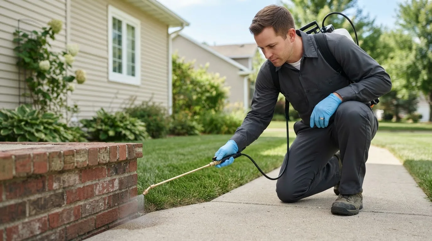 Pest control technician treating a home near Monroeville, OH