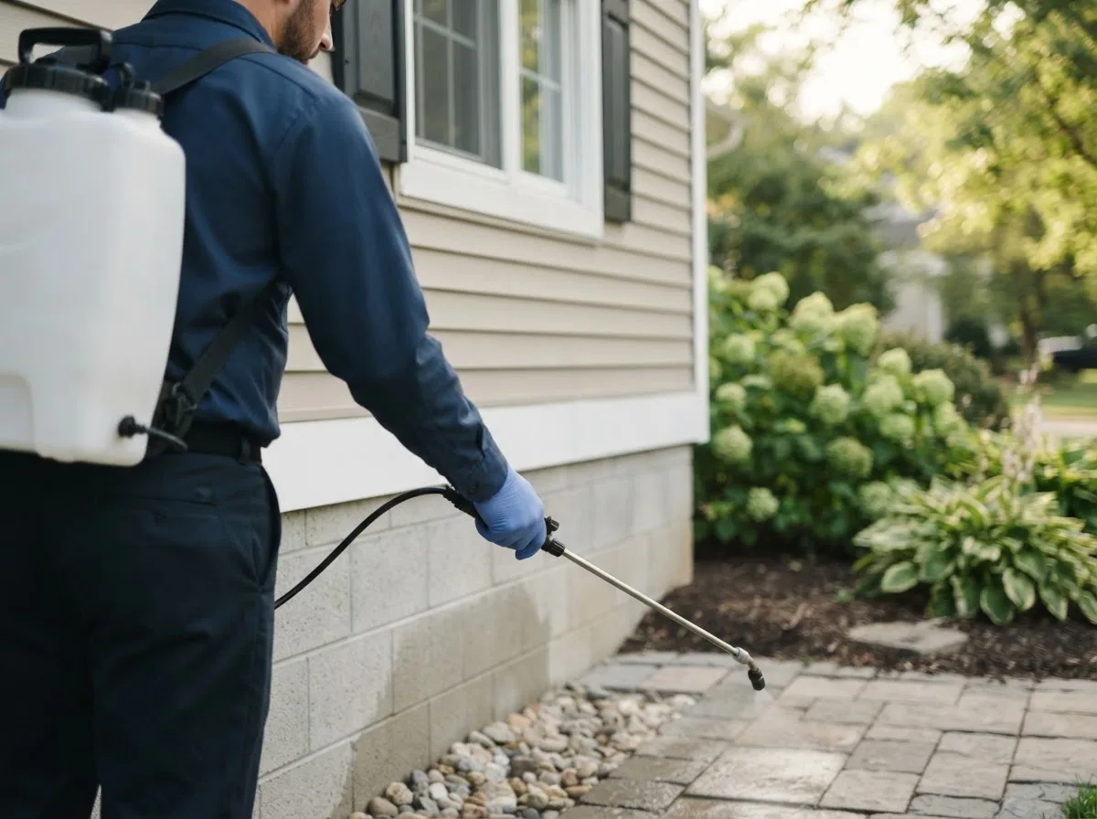 Pest control technician inspecting a home in Monroeville, OH